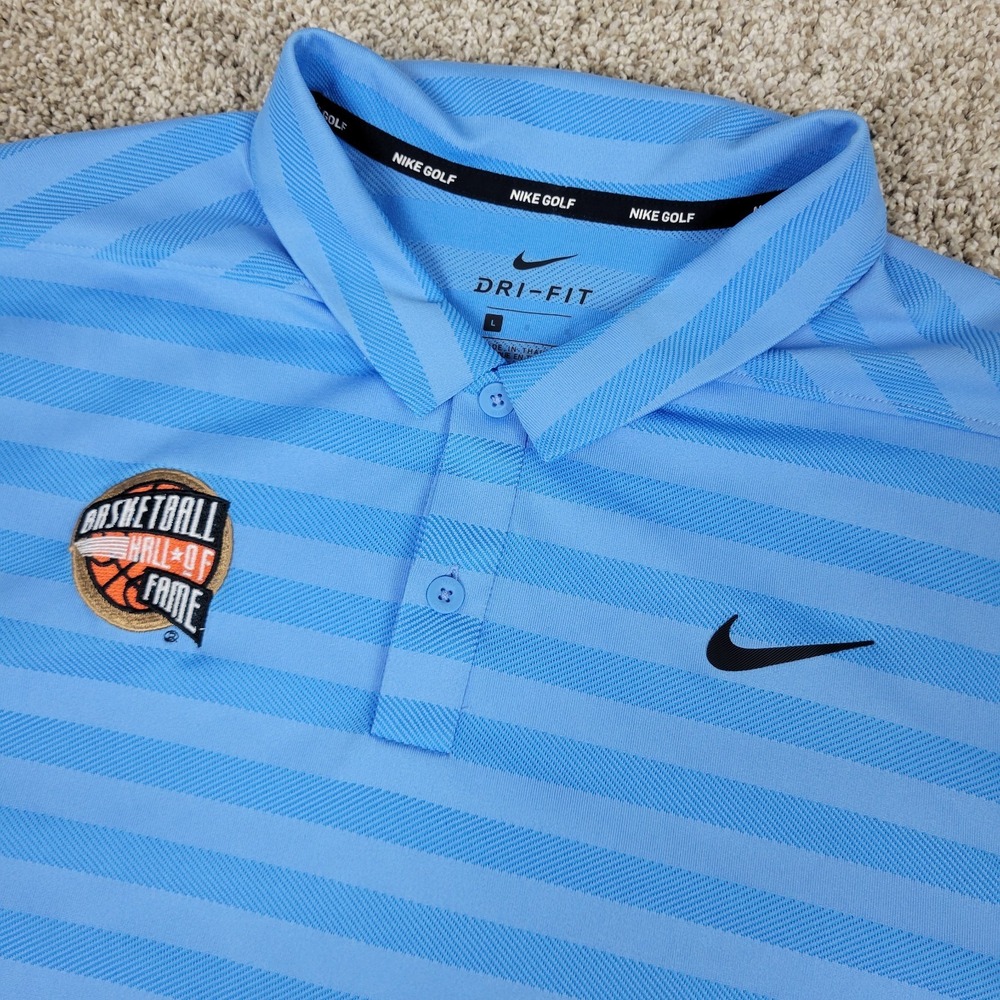 Nike Dri Fit Basketball Hall Of Fame Mens Large Blue Striped Performance Polo SS